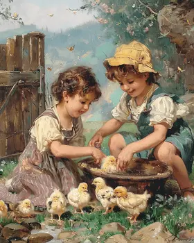 Mowbi's Chicken Farmcore Farmhouse Decor - 8"x10" Wall Art Print - Vintage Young Children with Chicks