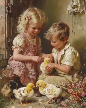 Mowbi's Chicken Farmcore Farmhouse Decor - 8"x10" Wall Art Print - Vintage Children with Chicks