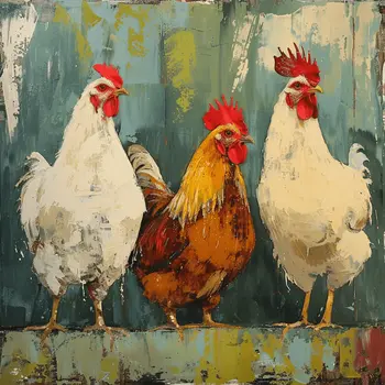 Mowbi's Chicken Farmcore Farmhouse Decor - 8"x8" Wall Art Print - Three Impressionist Chickens