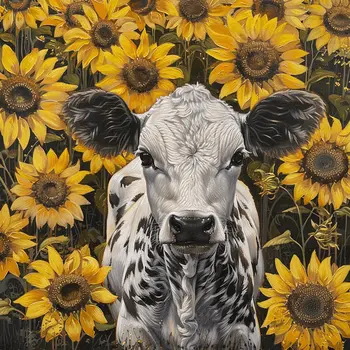 Calf in Sunflower Field 8"x8" Art Print