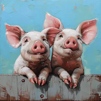 A Pair of Pigs Peering Over the Fence 8"x8" Art Print