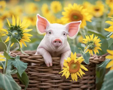 Cute Piglet and Sunflowers 8"x10" Art Print