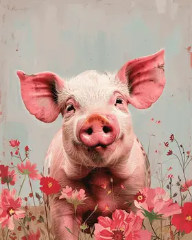 Pig with Pink Flowers 8"x10" Art Print