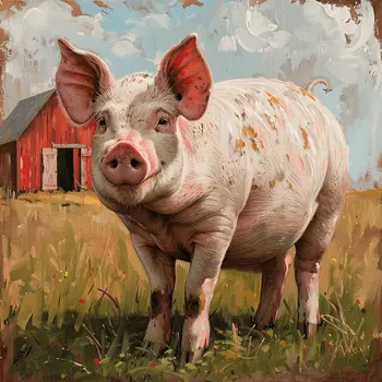Pig and Barn 8"x8" Art Print