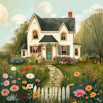 Farmhouse with Garden Folk 8"x8" Art Print