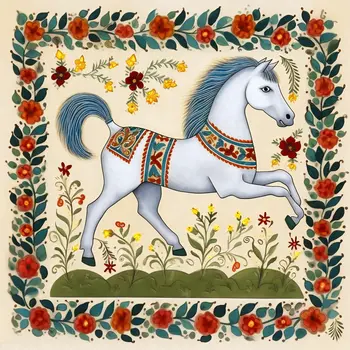 White Stallion - Folk Art Style - 8"x8" Art Print