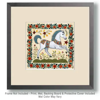 White Stallion - Folk Art Style - 8"x8" Art Print
