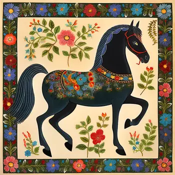 Midnight Stallion - Folk Art Style - 8"x8" Art Print