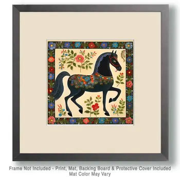 Midnight Stallion - Folk Art Style - 8"x8" Art Print