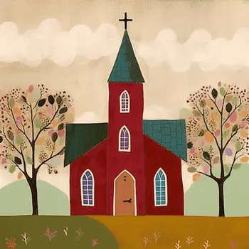 Church on the Hill - Folk Art Style - 8"x8" Art Print