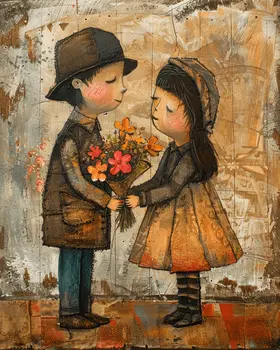 Folk Art Style - Little Sweethearts 8"x10" Art Print
