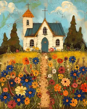 Folk Art Style Country Church Charm 8"x10" Art Print