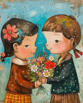 Folk Art Style - Blooming Together 8"x10" Art Print