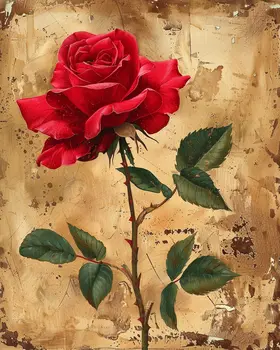 Folk Art Style - Love Blooms Bold - Bright Red Rose 8"x10" Art Print