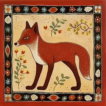 Red Fox - Sly Spirit - Folk Art Style - 8"x8" Art Print