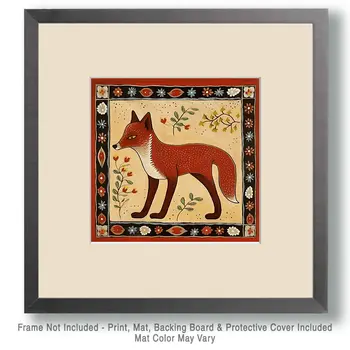 Red Fox - Sly Spirit - Folk Art Style - 8"x8" Art Print