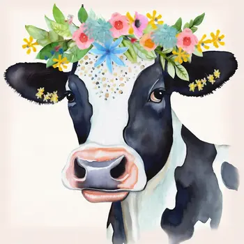 Cow Crowned with Flowers - Folk Art Style - 8"x8" Art Print