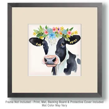 Cow Crowned with Flowers - Folk Art Style - 8"x8" Art Print