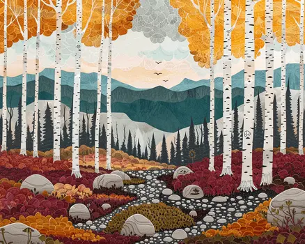 Folk Art Birch Forest Landscape 8"x10" Art Print