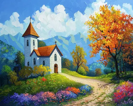 Sunny Church Lighthouse Landscape 8"x10" Art Print