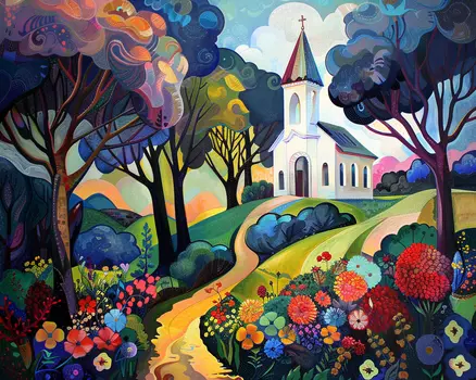 Impressionist Church Lighthouse Landscape 8"x10" Art Print