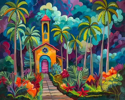 Island Sanctuary Tropical Church Lighthouse Landscape 8"x10" Art Print