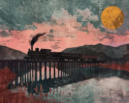 Vintage Train on Bridge Landscape 8"x10" Art Print