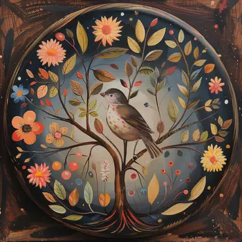 Moonbird on Branch Folk 8"x8" Art Print