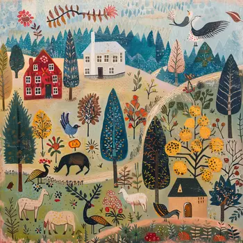Primitive Happy Day Hill Farmscape Art Print