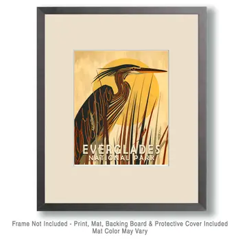 Folk Art Great Blue Heron - Everglades Souvenir Home Decor Wall Art Prints – 8″x10″ Artwork – 11″x14″ Matte