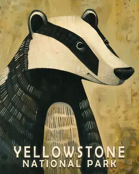Folk Art Badger - MYellowstone National Park Souvenir Home Decor Wall Art Prints – 8″x10″ Artwork – 11″x14″ Matte