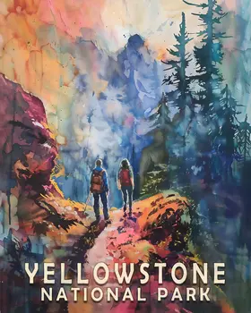 Couple Hiking - Yellowstone National Park Souvenir Home Decor Wall Art Prints – 8″x10″ Artwork – 11″x14″ Matte