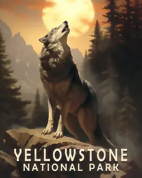 Wolf Howling at the Moon - Yellowstone National Park Souvenir Home Decor Wall Art Prints – 8″x10″ Artwork – 11″x14″ Matte