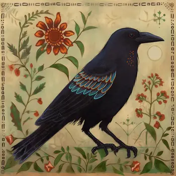 The Raven's Reverie - Folk Art Style - 8"x8" Art Print