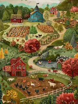 Primitive Style Farmland 8"x10" Art Print