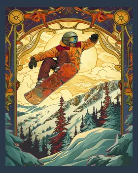 Nouveau Woman Snowboarder Getting Air – 8″x10″ Wall Art Print – Mowbi’s Ski & Snowboard Collection