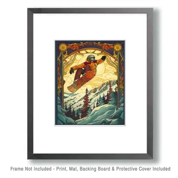 Nouveau Woman Snowboarder Getting Air – 8″x10″ Wall Art Print – Mowbi’s Ski & Snowboard Collection