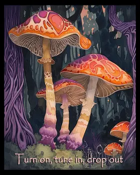 Mushrooms - Turn On, Tune In, Drop Out 8"x10" Art Print - Mowbi Fantasy Mushrooms Wall Art Collection