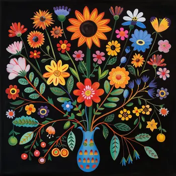 Folk Art Flowers in Blue Vase 8"x8" Art Print