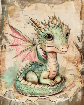 Victorian Baby Dragon Mixed Media 8"x10" Art Print