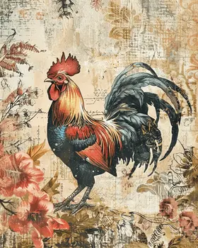 Vintage Rooster Mixed Media 8"x10" Art Print