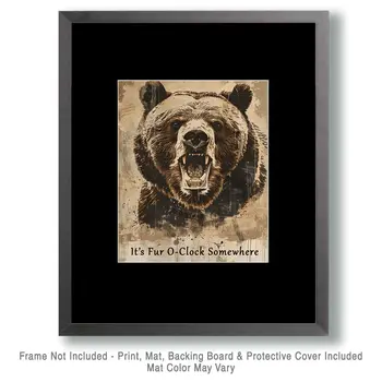 It's Fur O'Clock Somewhere - Grizzly Bear 8"x10" - Mowbi's Funny Humorous Wall Art Prints