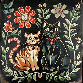 2 Cats Folk Art 8"x8" Art Print