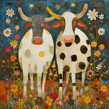 Folk Art 2 Cows Art Print