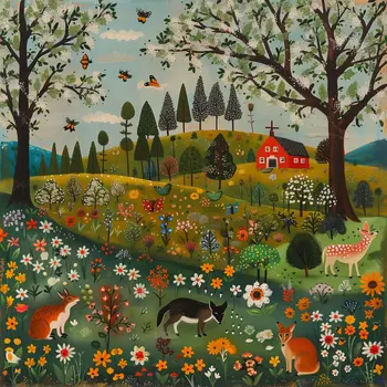 Primitive Flower Covered Hill Farmscape Art Print