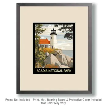 Minimalist Lighthouse - Acadia Maine Souvenir Home Decor Wall Art Prints – 8″x10″ Artwork – 11″x14″ Mat