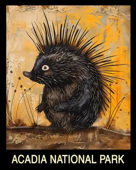 Folk Art Porcupine - Acadia Maine Souvenir Home Decor Wall Art Prints – 8″x10″ Artwork – 11″x14″ Mat