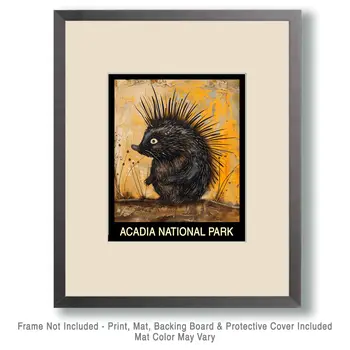 Folk Art Porcupine - Acadia Maine Souvenir Home Decor Wall Art Prints – 8″x10″ Artwork – 11″x14″ Mat