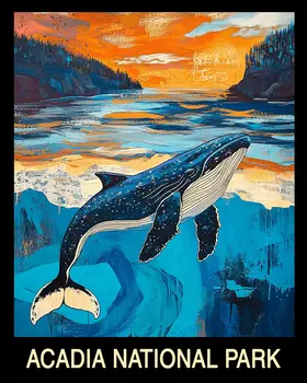 Folk Art Whale - Acadia Maine Souvenir Home Decor Wall Art Prints – 8″x10″ Artwork – 11″x14″ Mat