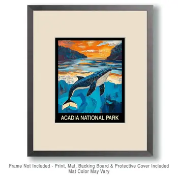 Folk Art Whale - Acadia Maine Souvenir Home Decor Wall Art Prints – 8″x10″ Artwork – 11″x14″ Mat